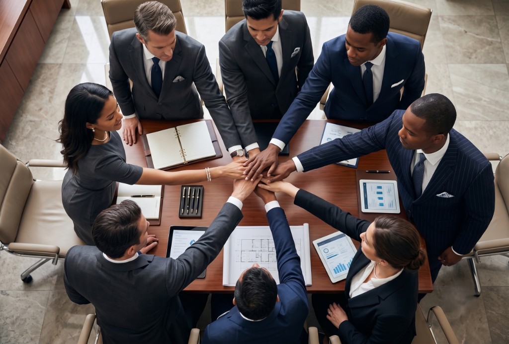 Equipo de trabajo uniendo manos